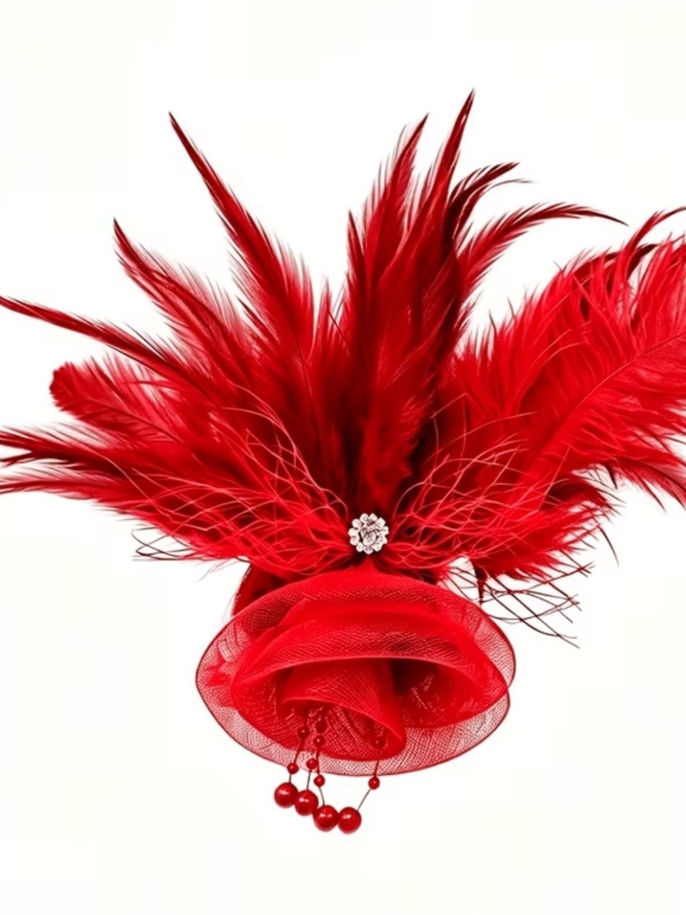 Red Feather Fascinator Hair clip with Crystal Accent